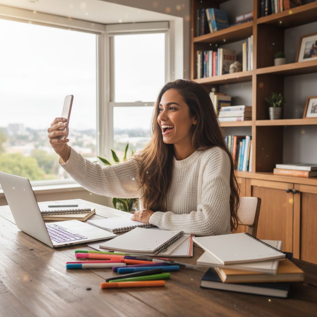 Estudante feliz com feedback do QuestHub